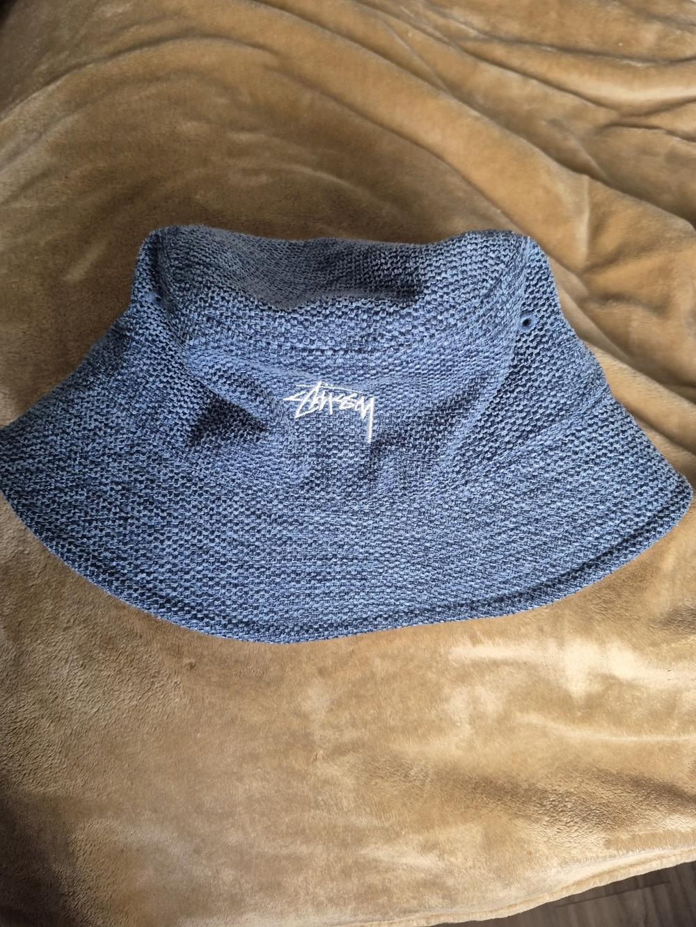 Stussy Navy Knit Bucket Hat with Signature Logo